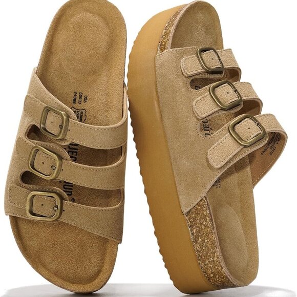 Shoes - Genuine Suede Platform Sandals Women 3-Strap Wedges Memory Foam Non Slip